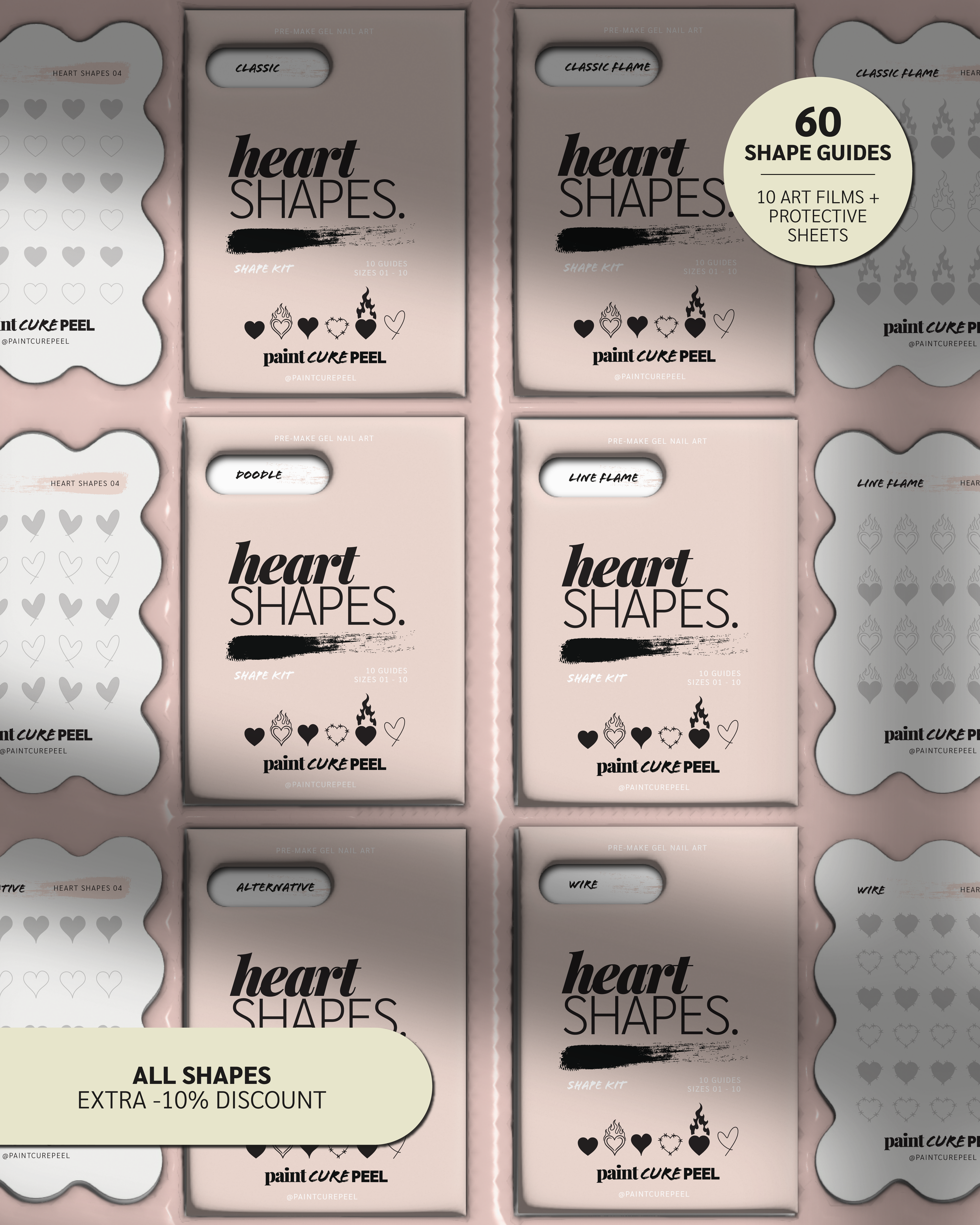 Paint Cure Peel Heart Shapes Shape Guides Starter Bundle | Pre-make Gel Nail Art (Worth £32.98)