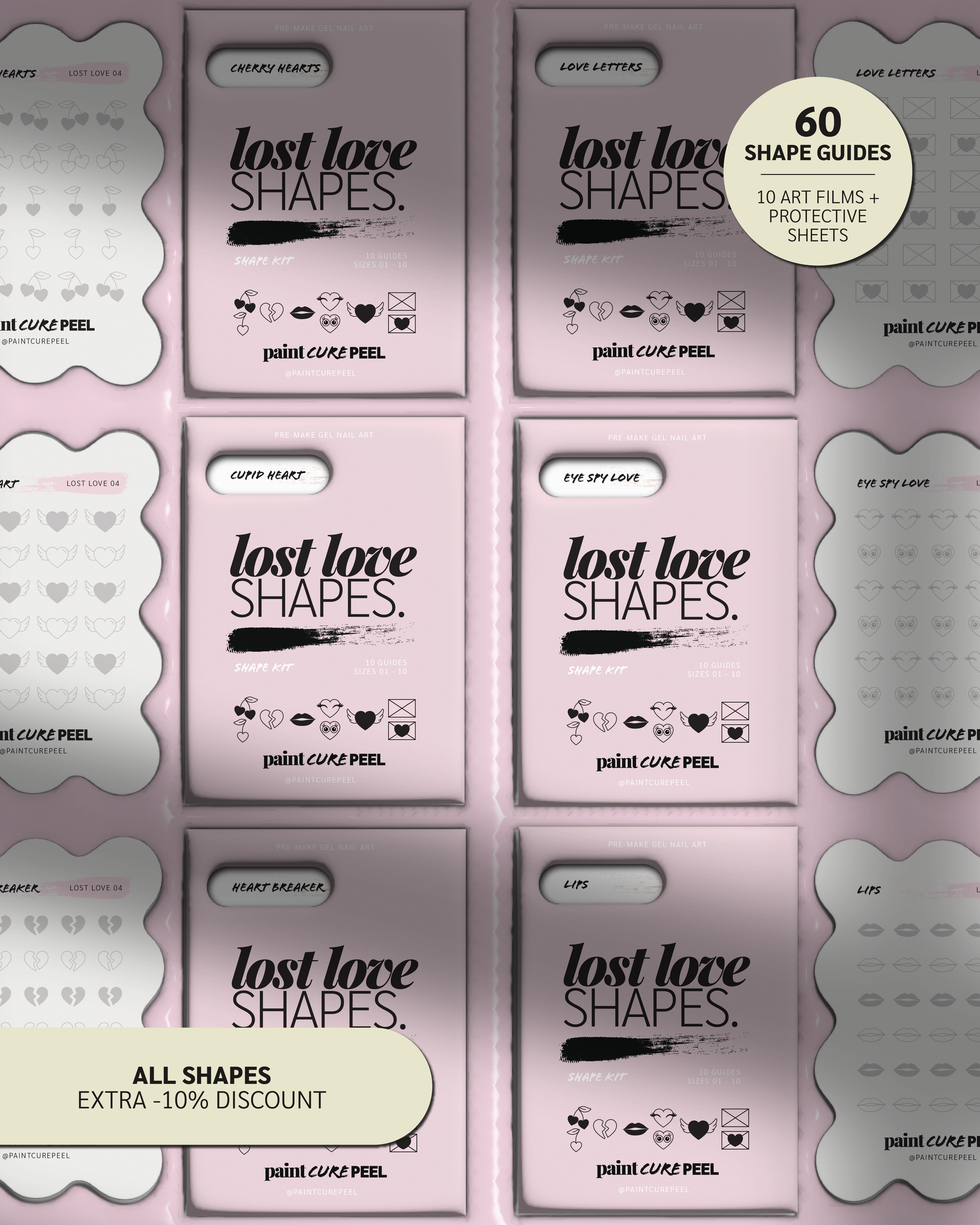 Paint Cure Peel Lost Love Shape Guides Starter Bundle | Pre-make Gel Nail Art (Worth £32.98)