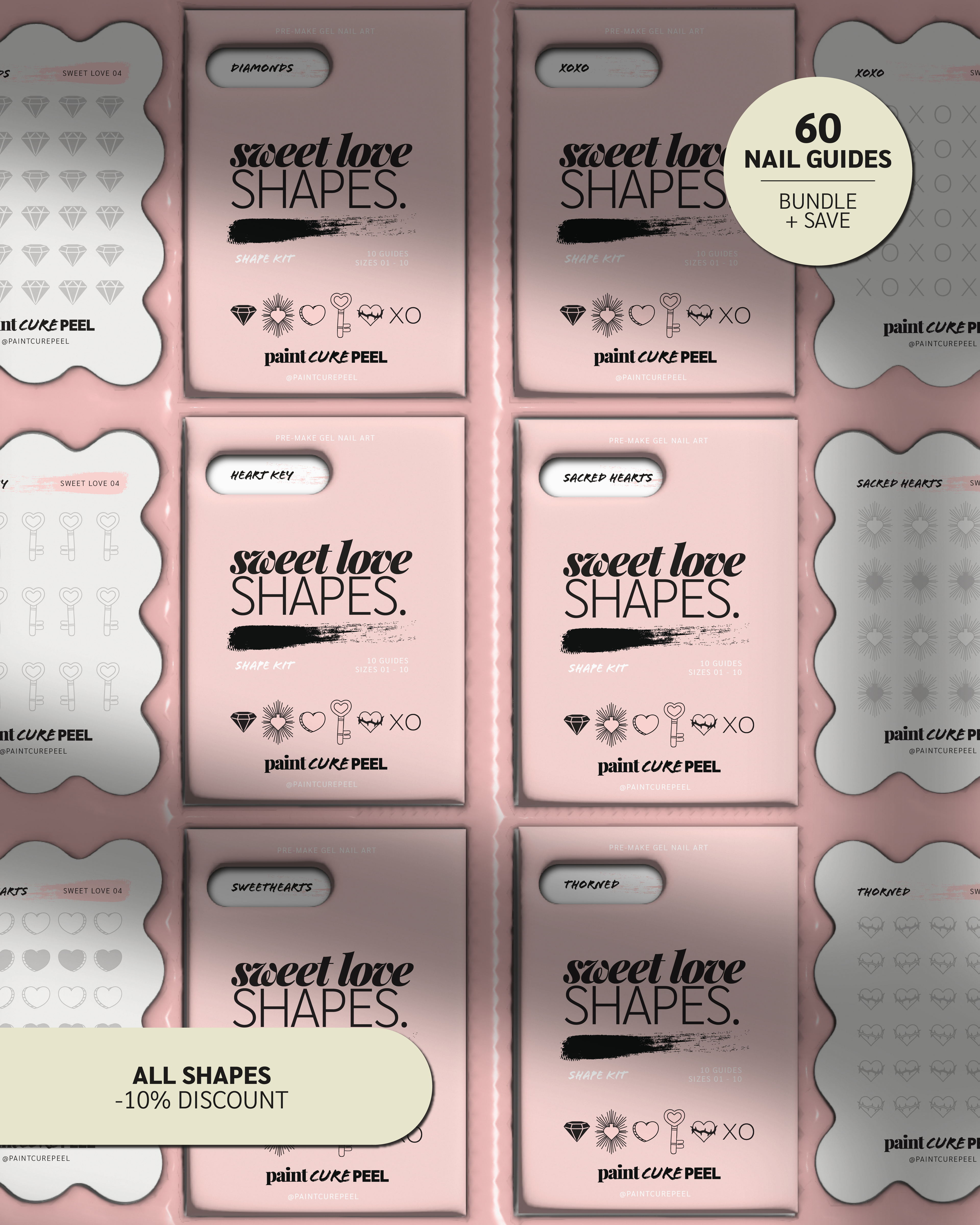 Paint Cure Peel Sweet Love Shape Guide Kit | 10 Reusable Guides to Pre-make Gel Nail Art