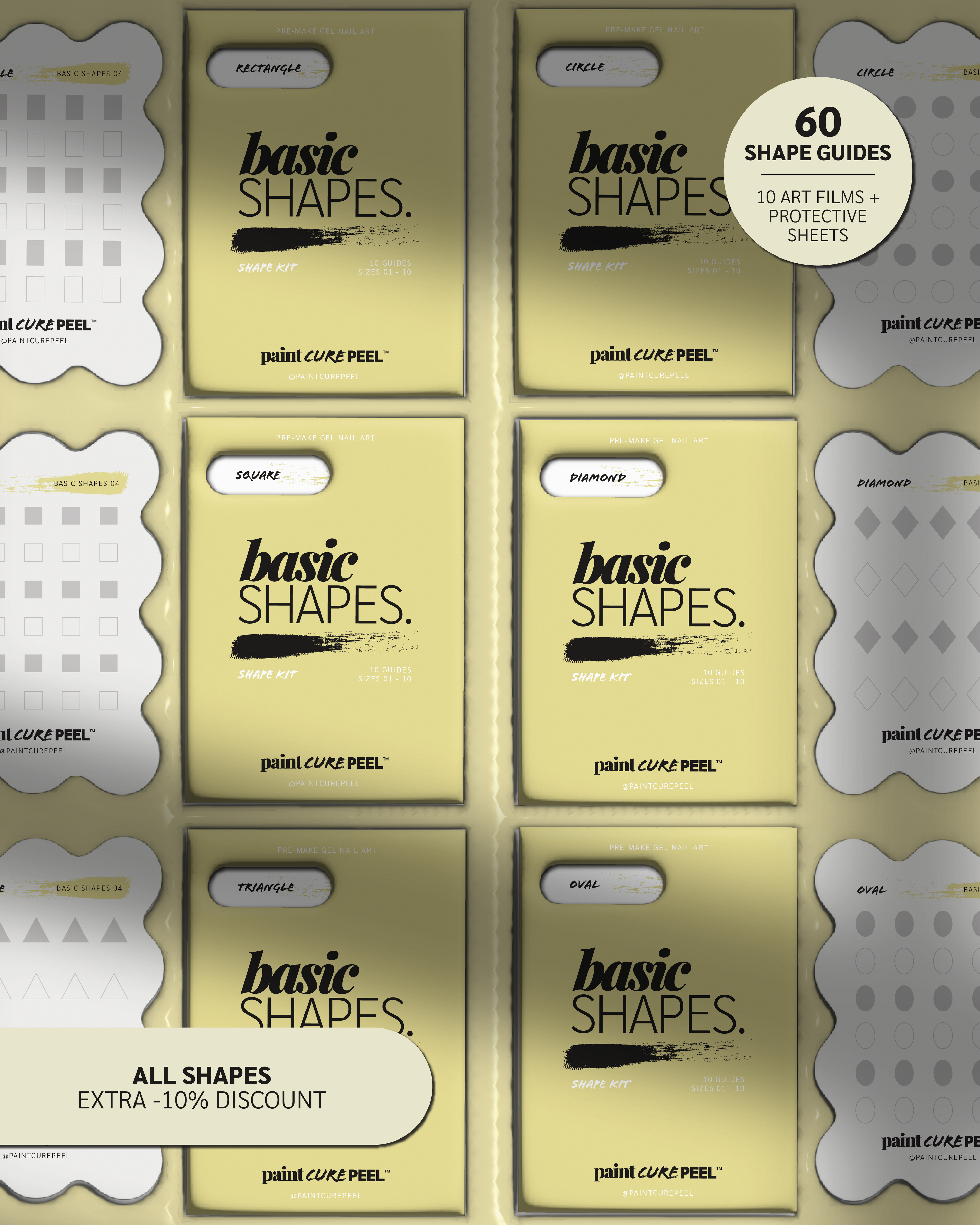 Paint Cure Peel Basic Shapes Shape Guides Starter Bundle | Pre-make Gel Nail Art (Worth £32.98)