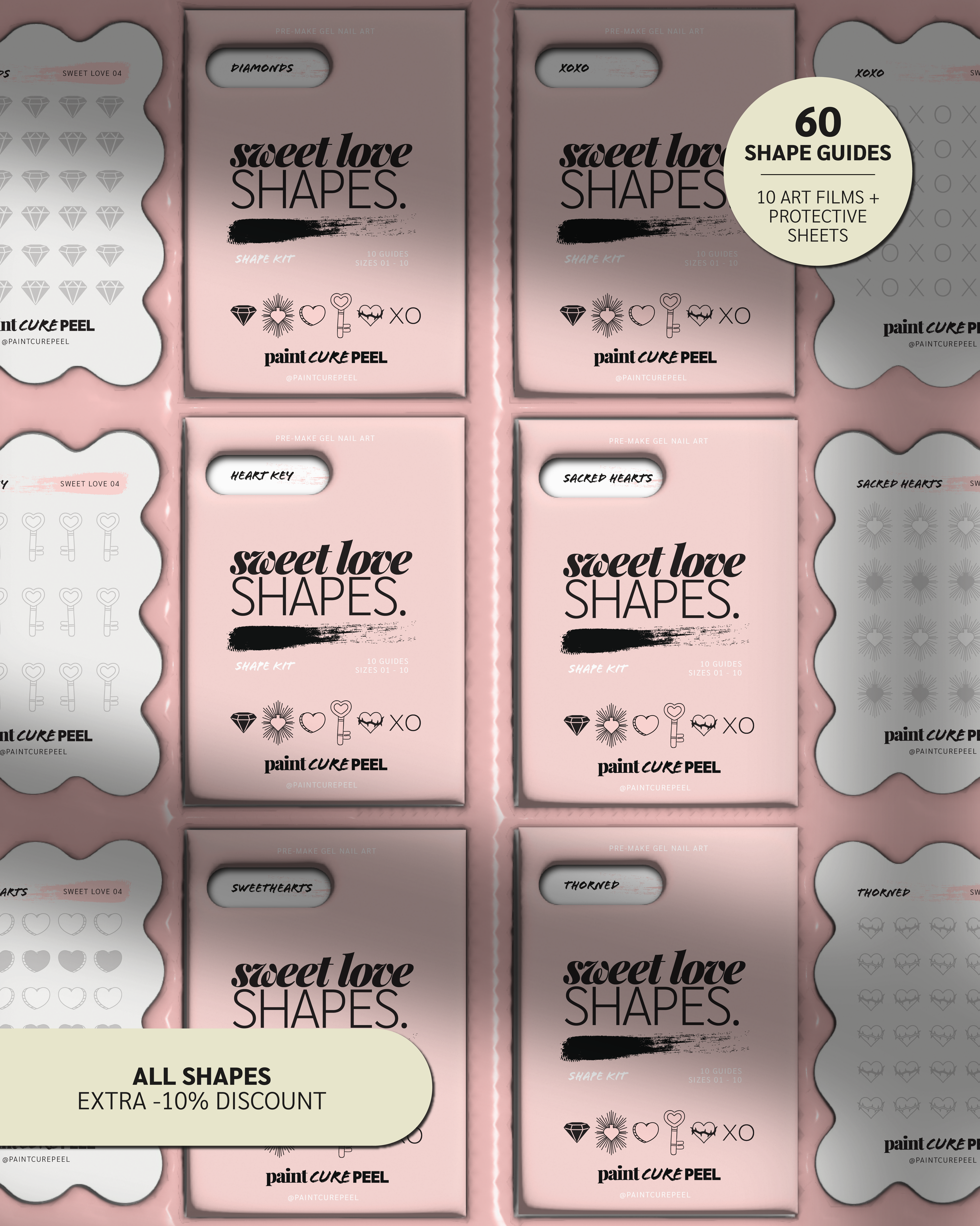 Paint Cure Peel Sweet Love Shape Guides Starter Bundle | Pre-Make Gel Nail Art (Worth £32.98)