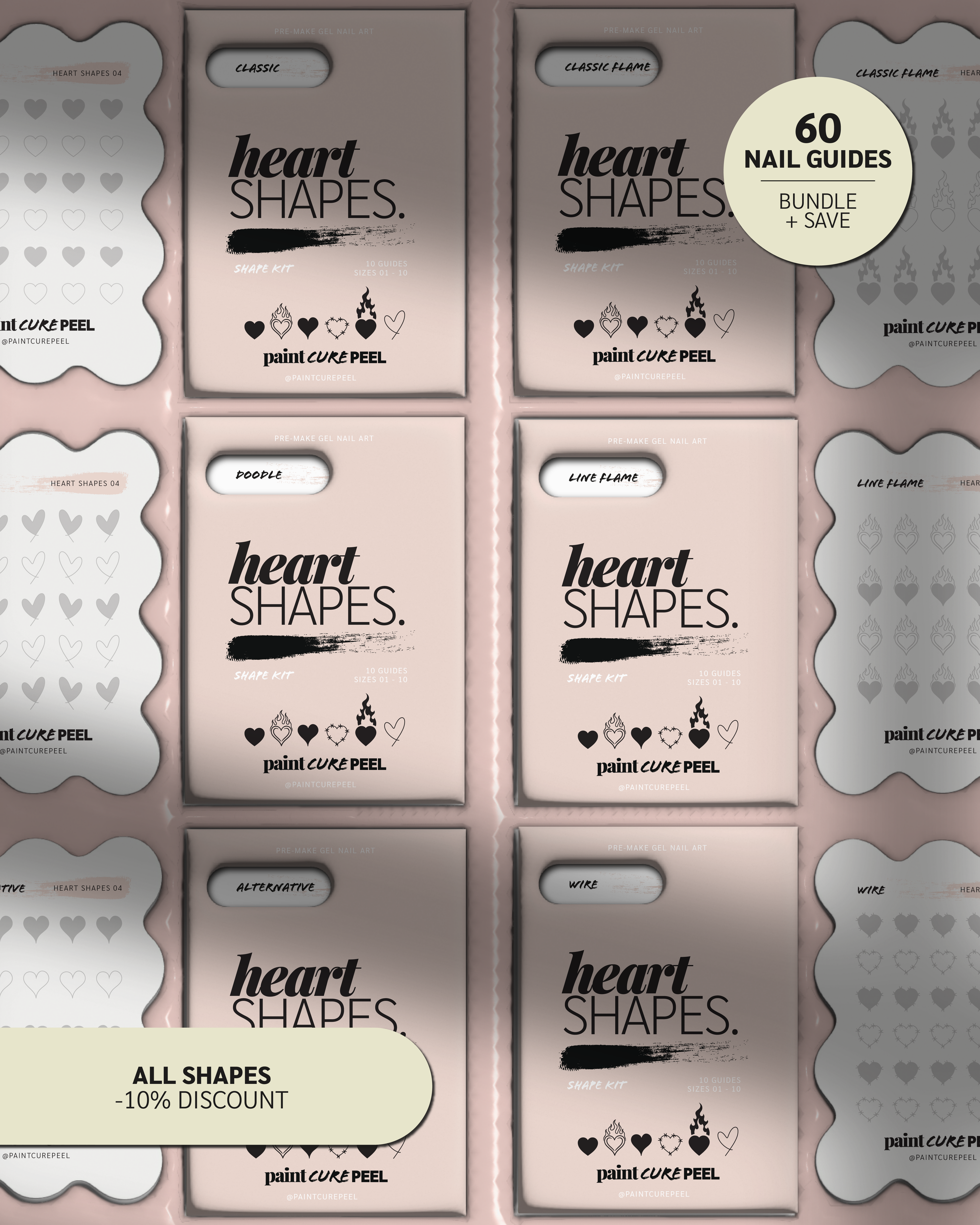 Paint Cure Peel Heart Shapes Shape Guide Kit | 10 Reusable Guides to Pre-make Gel Nail Art