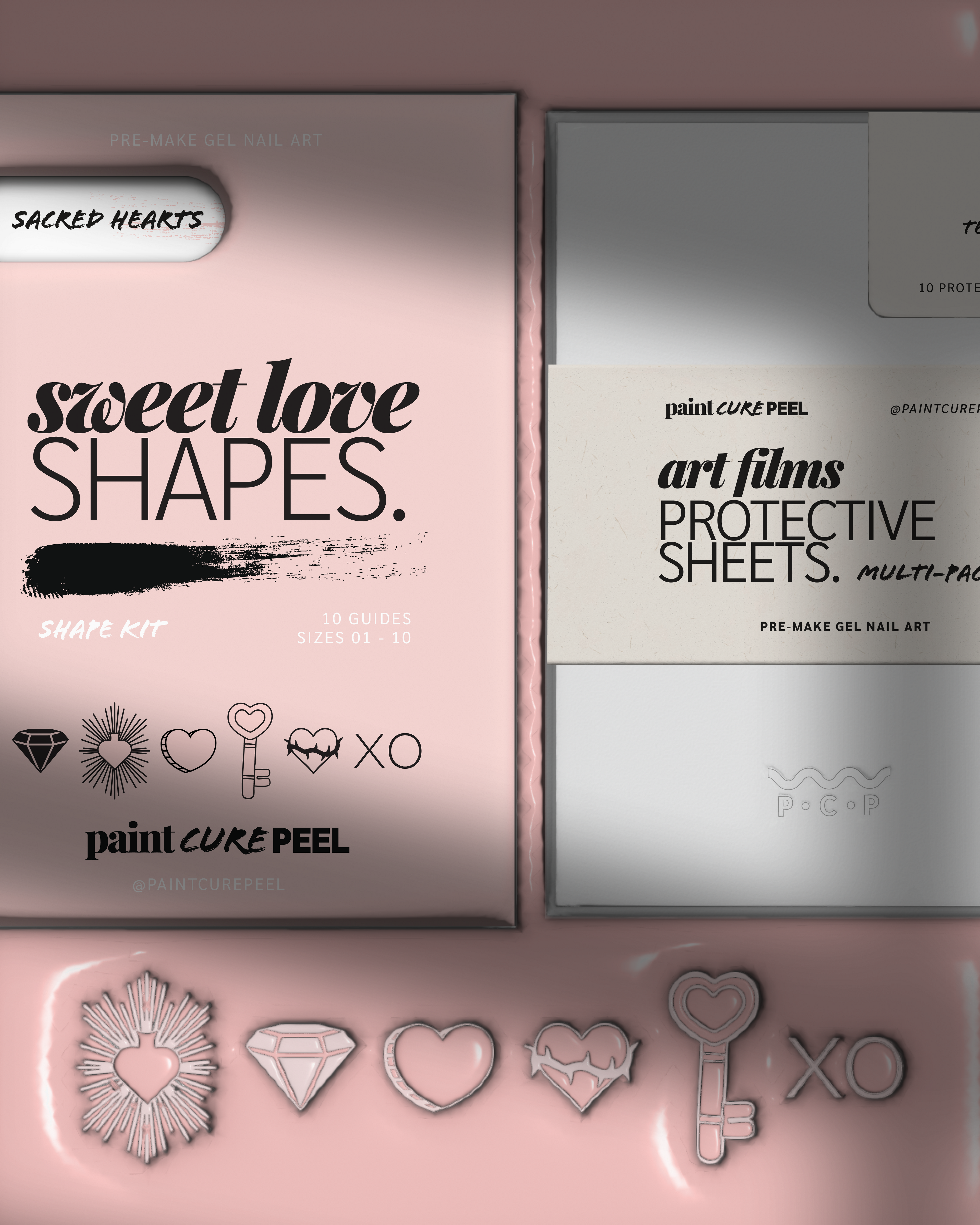 Paint Cure Peel Sweet Love Shape Guides Starter Bundle | Pre-Make Gel Nail Art (Worth £32.98)