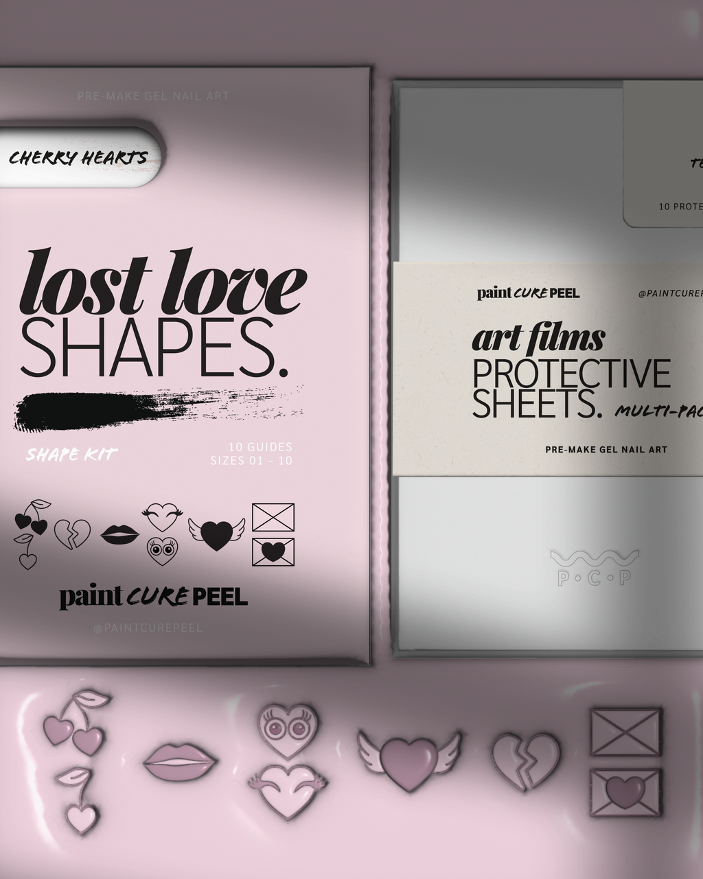 Paint Cure Peel Lost Love Shape Guides Starter Bundle | Pre-make Gel Nail Art (Worth £32.98)