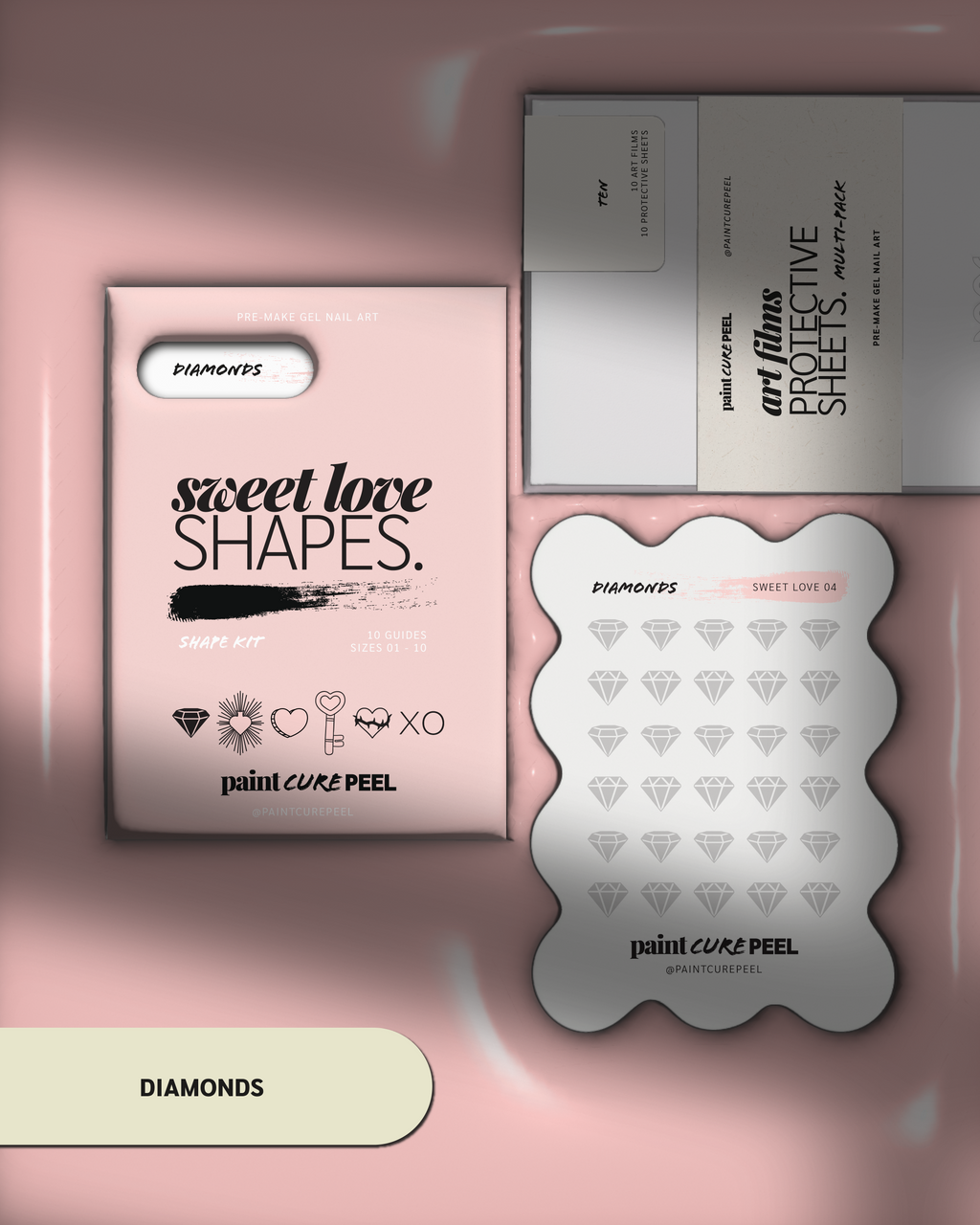 Paint Cure Peel Sweet Love Shape Guides Starter Bundle | Pre-Make Gel Nail Art (Worth £32.98)