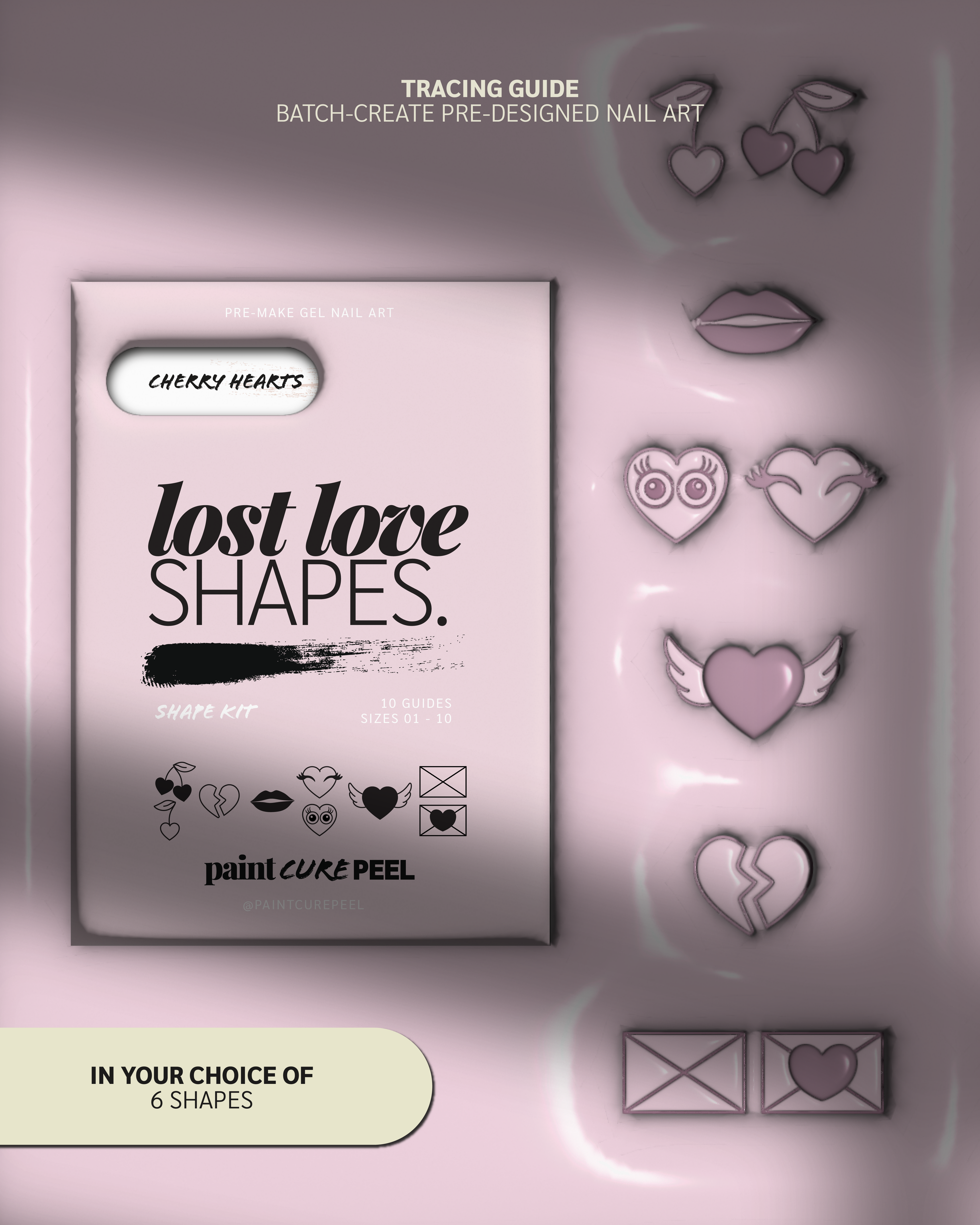 Paint Cure Peel Lost Love Shape Guides Starter Bundle | Pre-make Gel Nail Art (Worth £32.98)