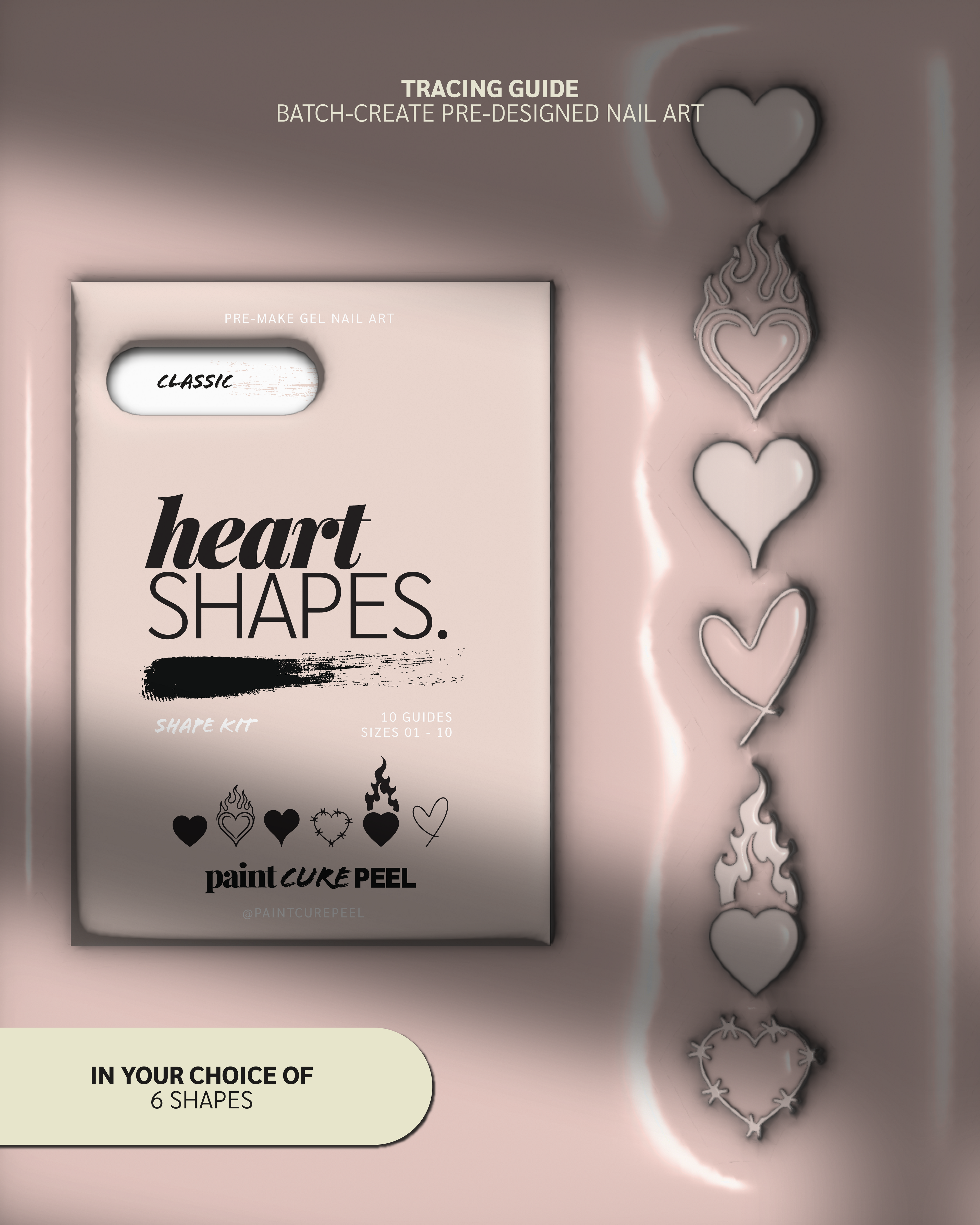 Paint Cure Peel Heart Shapes Shape Guides Starter Bundle | Pre-make Gel Nail Art (Worth £32.98)