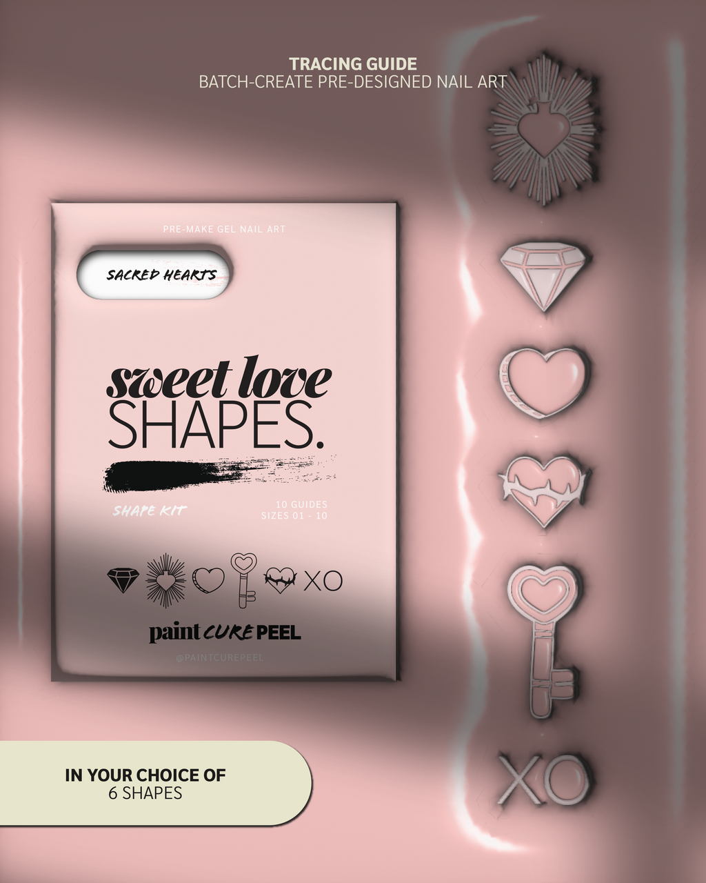 Paint Cure Peel Sweet Love Shape Guides Starter Bundle | Pre-Make Gel Nail Art (Worth £32.98)