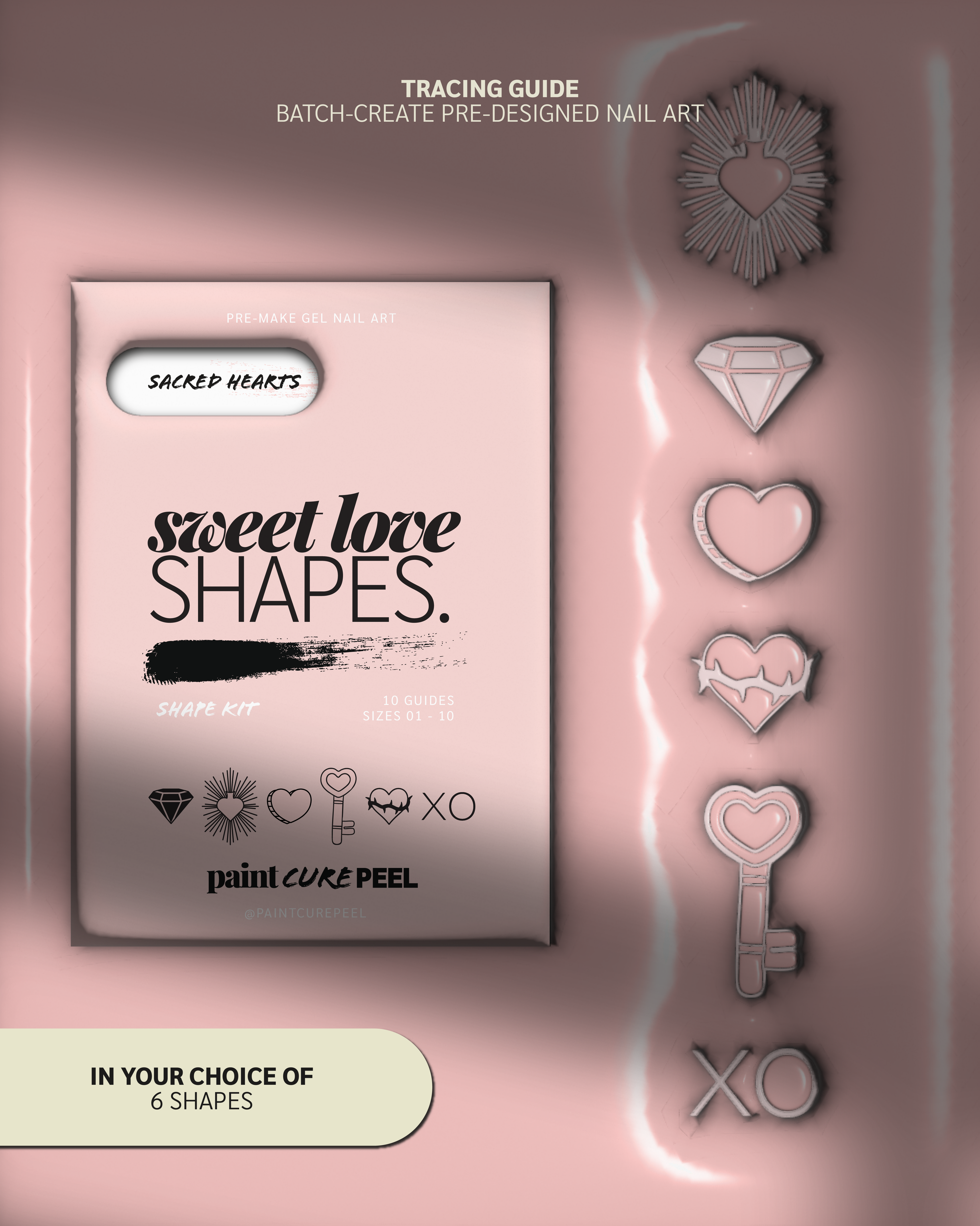 Paint Cure Peel Sweet Love Shape Guides Starter Bundle | Pre-Make Gel Nail Art (Worth £32.98)