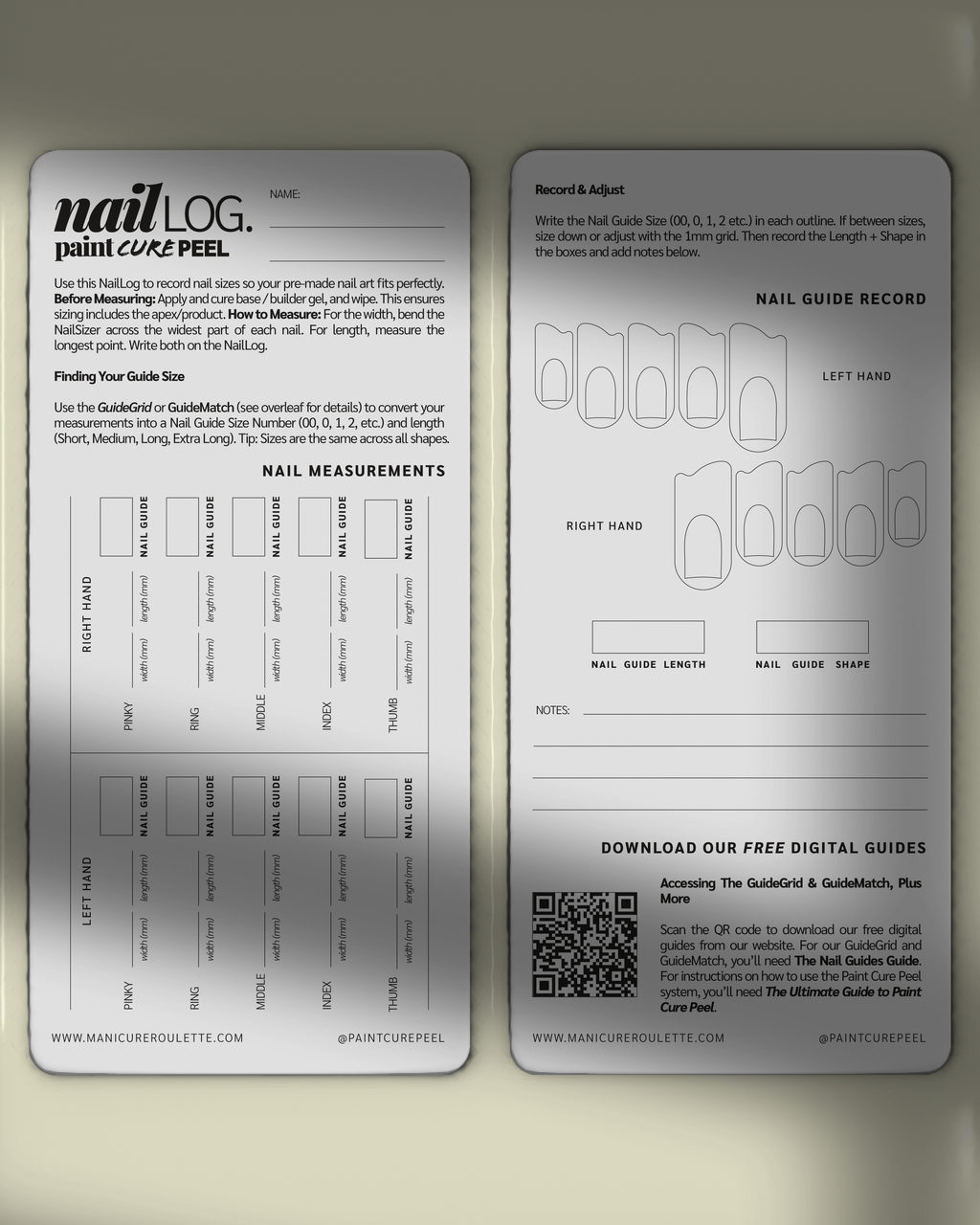 Paint Cure Peel Nail Guides System NailLogs | Client Measurements Record Card