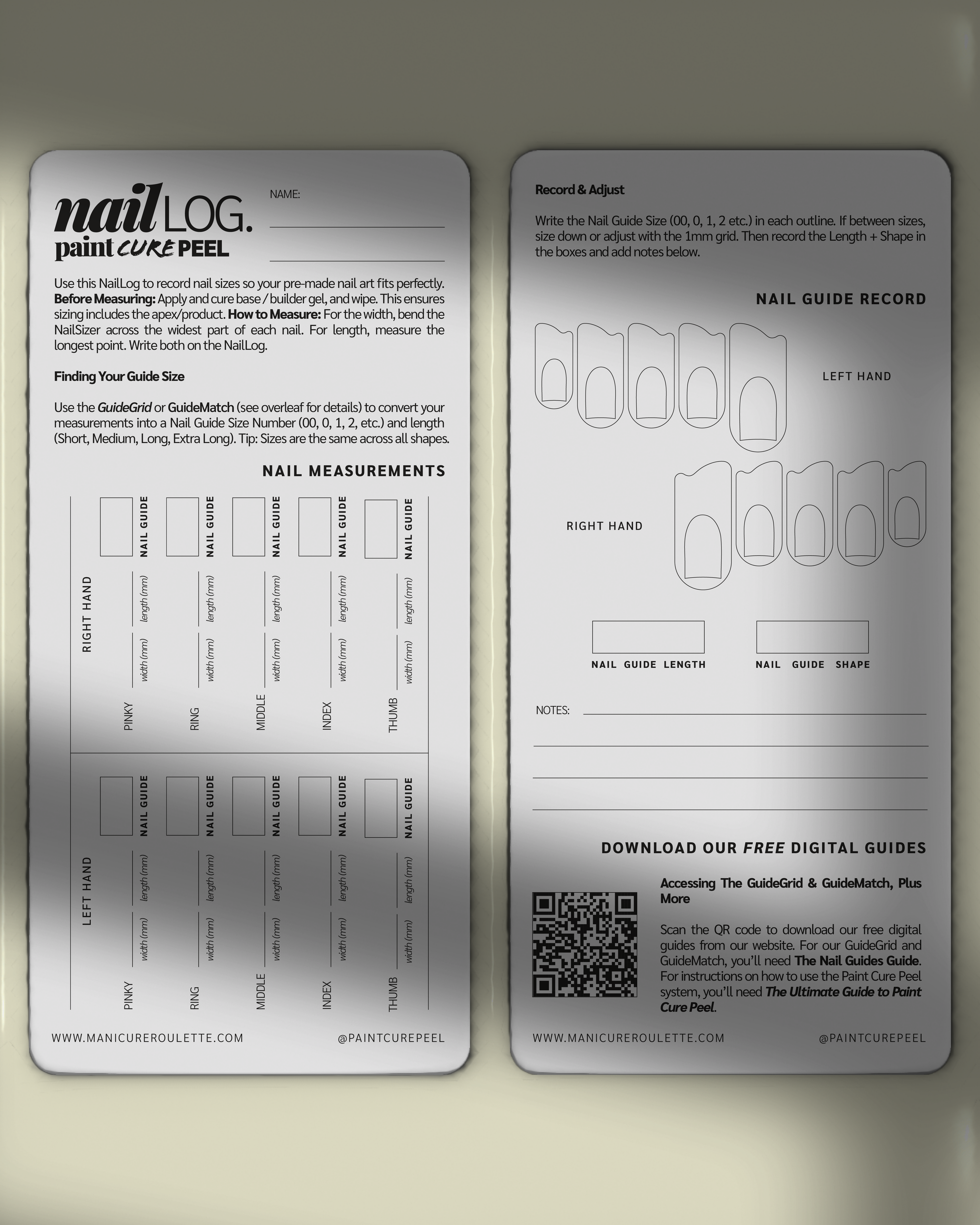 Paint Cure Peel Nail Guides System NailLogs | Client Measurements Record Card