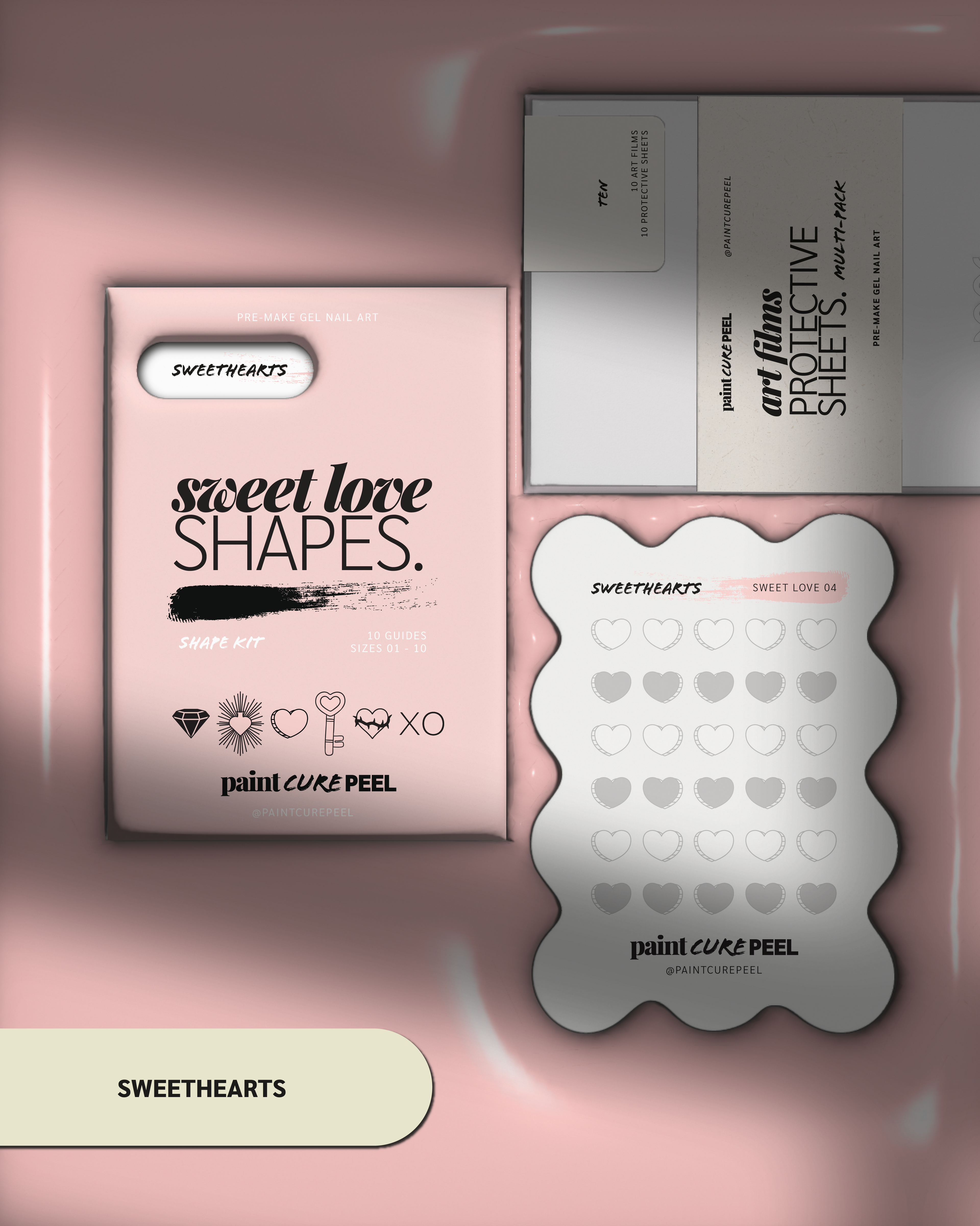 Paint Cure Peel Sweet Love Shape Guides Starter Bundle | Pre-Make Gel Nail Art (Worth £32.98)