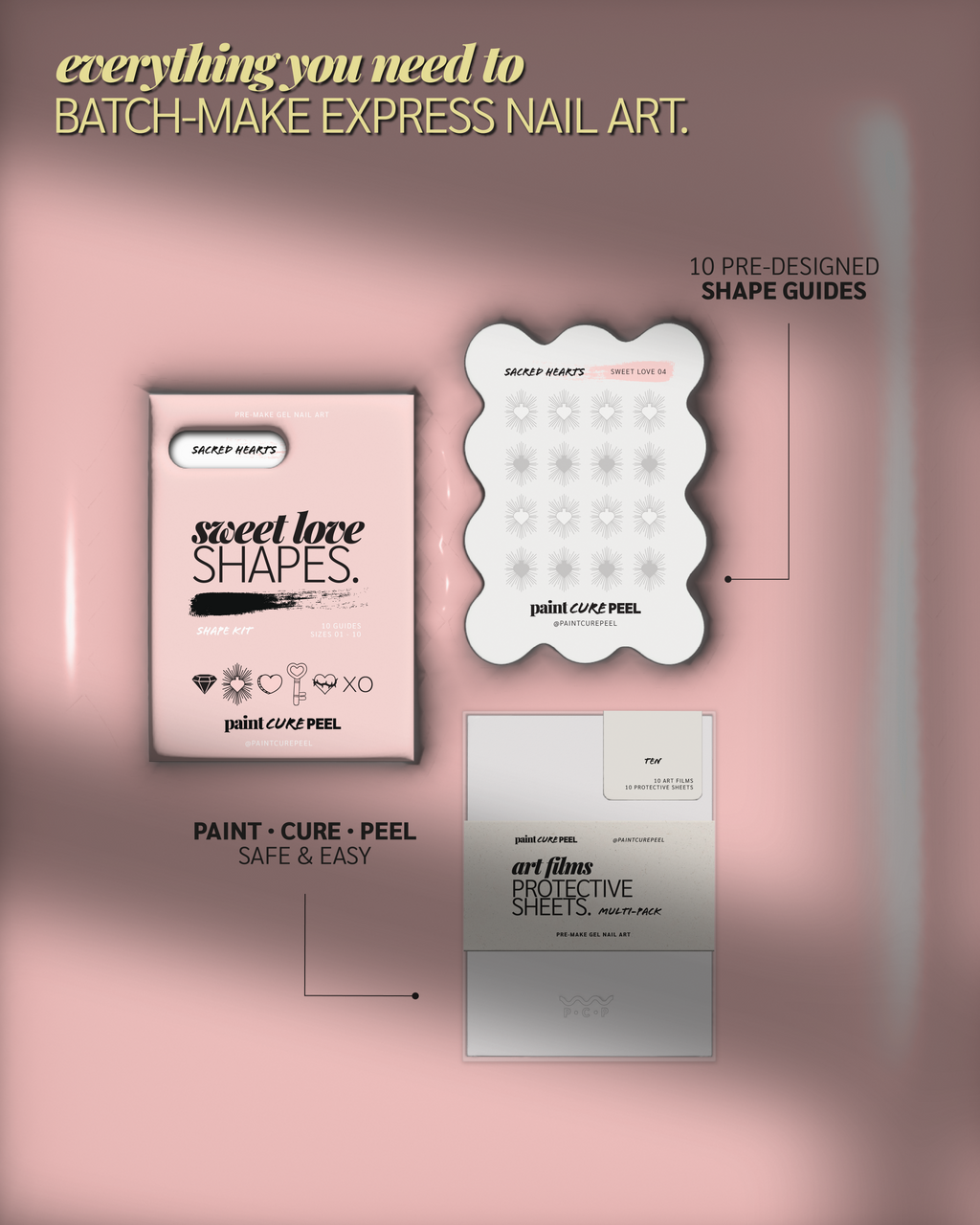 Paint Cure Peel Sweet Love Shape Guides Starter Bundle | Pre-Make Gel Nail Art (Worth £32.98)