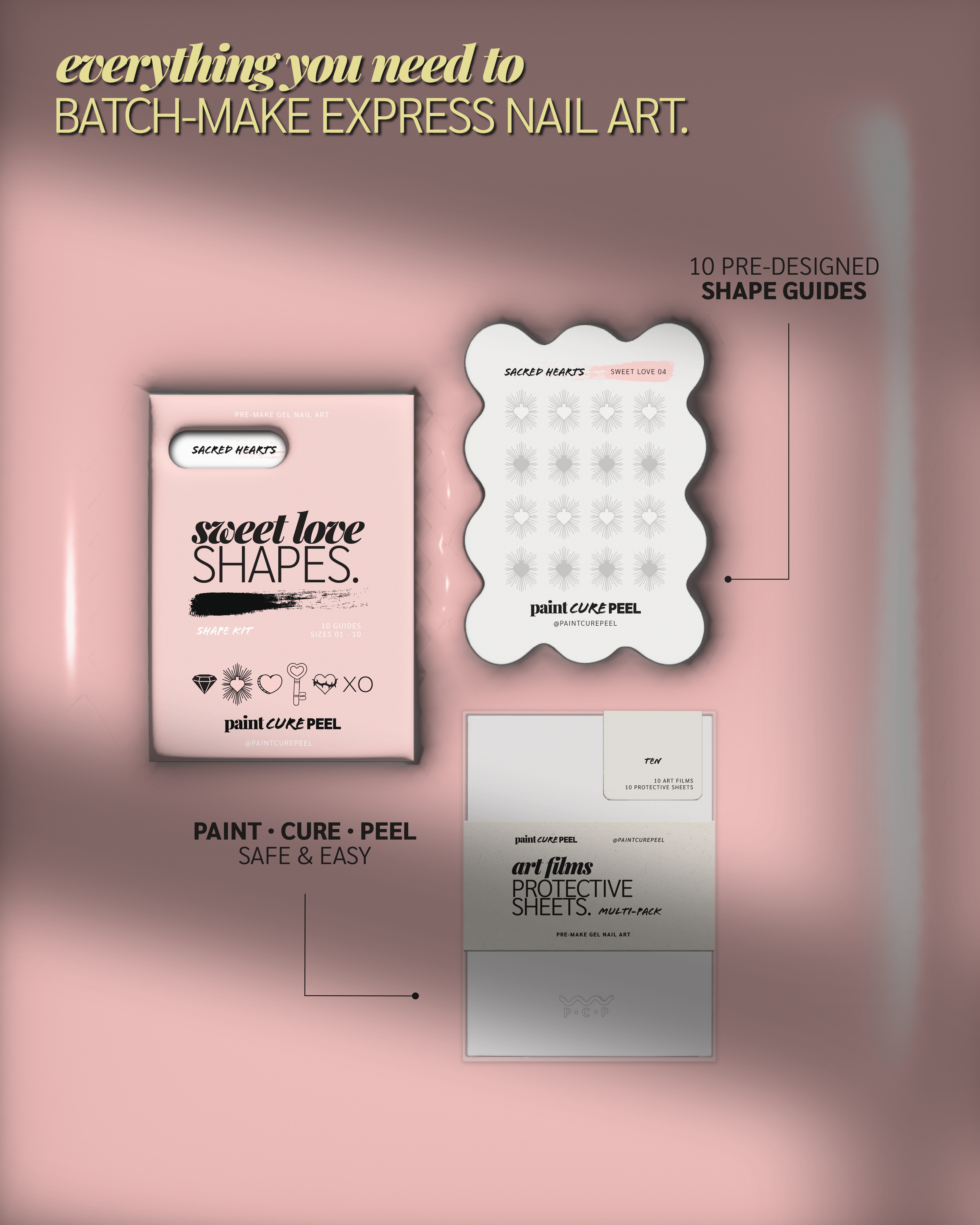 Paint Cure Peel Sweet Love Shape Guides Starter Bundle | Pre-Make Gel Nail Art (Worth £32.98)