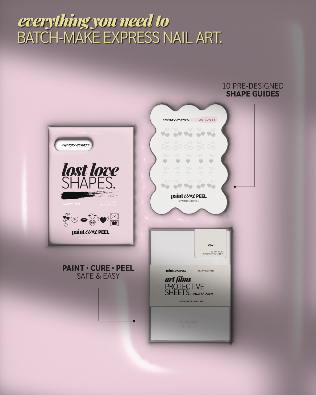 Paint Cure Peel Lost Love Shape Guides Starter Bundle | Pre-make Gel Nail Art (Worth £32.98)