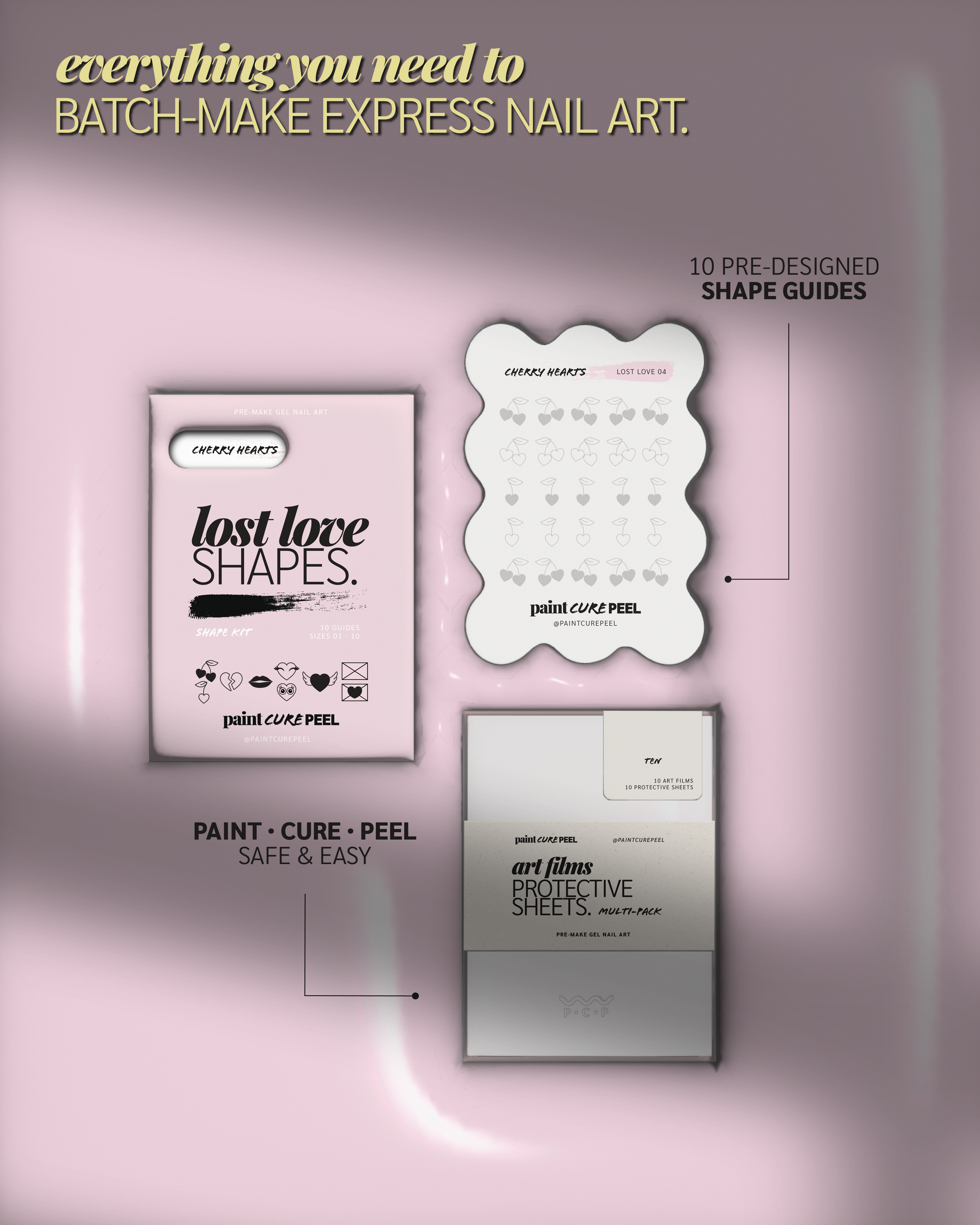 Paint Cure Peel Lost Love Shape Guides Starter Bundle | Pre-make Gel Nail Art (Worth £32.98)