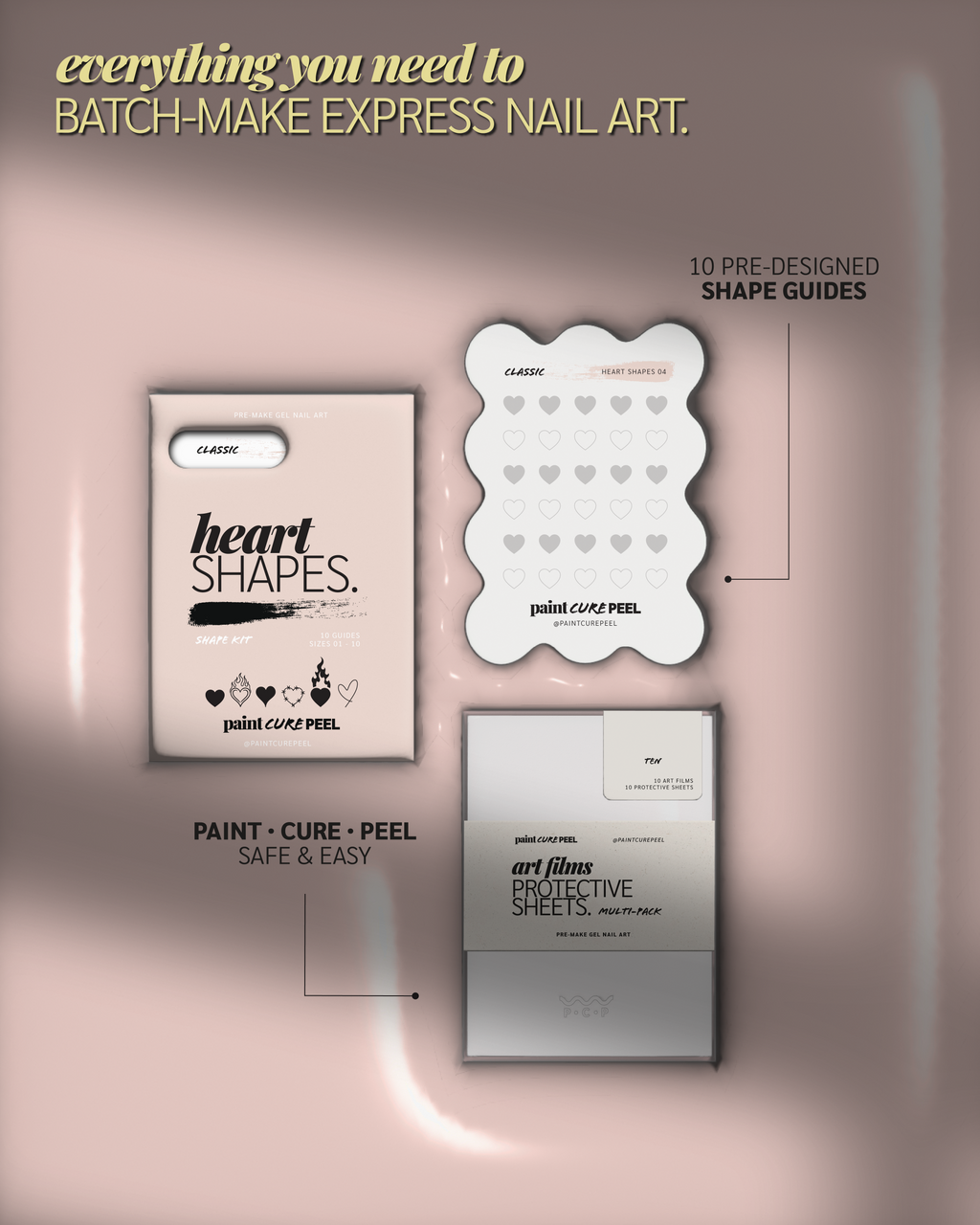 Paint Cure Peel Heart Shapes Shape Guides Starter Bundle | Pre-make Gel Nail Art (Worth £32.98)
