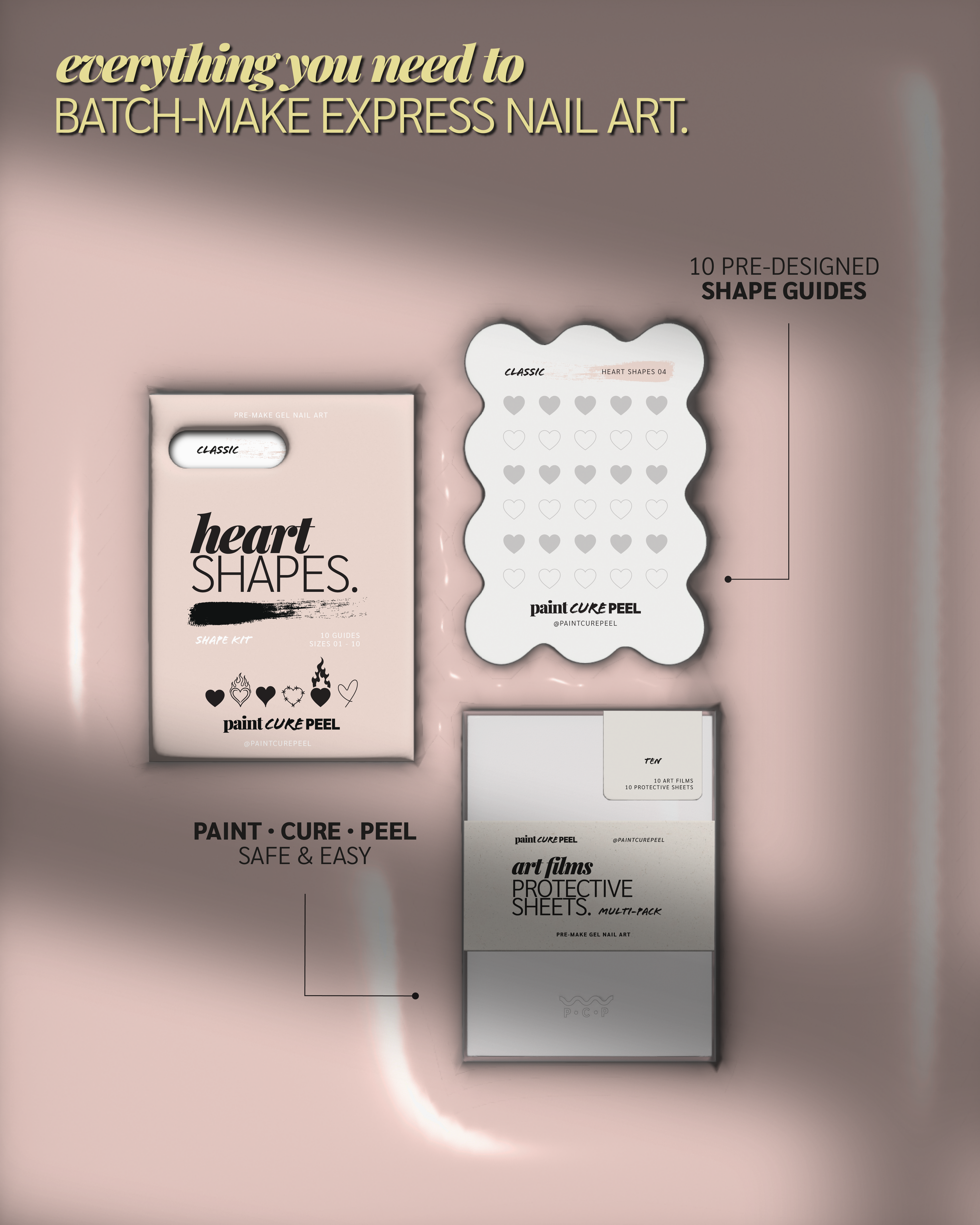 Paint Cure Peel Heart Shapes Shape Guides Starter Bundle | Pre-make Gel Nail Art (Worth £32.98)